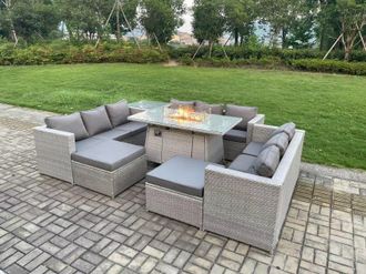 Fimous 11 Seater Outdoor Garden Dining Sets Rattan Furniture Gas Fire Pit Dining Table Gas Heater with Side Table in Light Grey