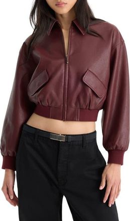 Good American Better Than Leather Cropped Faux Leather Bomber Jacket in Berry Noir at Nordstrom, Size X-Small