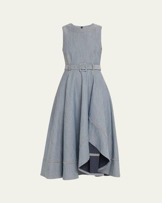 Cinq &agrave; Sept Zelda Belted Asymmetric Sleeveless Denim Midi Dress