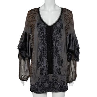 Roberto Cavalli Class by Roberto Cavalli Grey Printed Jersey Overlay Sleeve Detailed Top L