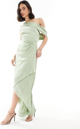 Tfnc Vestito lungo da damigella in raso verde salvia con gonna a portafoglio e spalla scesa