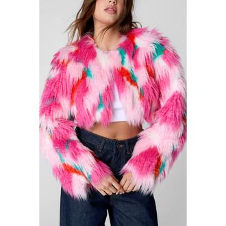 NASTY GAL Patchwork Faux Fur Crop Jacket in Pink at Nordstrom Rack, Size 8