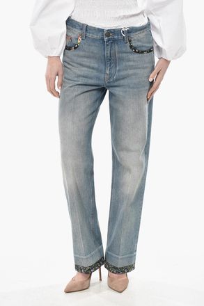 Valentino Straight-Fit Cotton Jeans with 21cm Floral-Pattern Hems Valentino