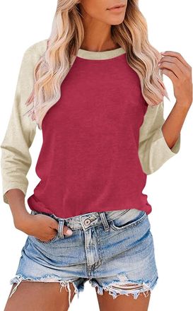 Generic 3/4 Sleeve T-Shirts for Women UK Fashion Colour Block Raglan Sleeves Baseball Tee Shirts Spring Summer Fall Tops Casual Loose-fit Crew Neck Tshirt Blo