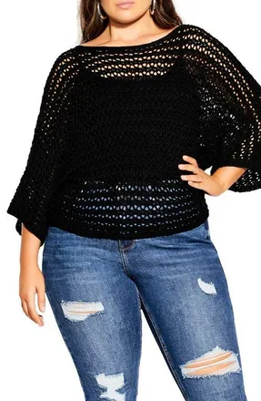 City Chic Cool Pointelle Knit Sweater in Black at Nordstrom, Size 12W