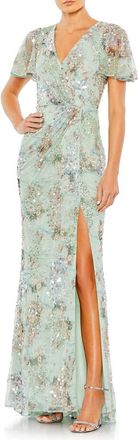 Mac Duggal Embellished Butterfly Sleeve Faux Wrap Gown in Seamist at Nordstrom, Size 20