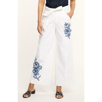 Cinq &agrave; Sept Mylah Floral Appliqu&eacute; Wide Leg Pants in White/Multi at Nordstrom, Size 12