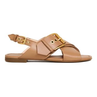 AGL Flat Sandals, female, Brown, Size: 8 1/2 US Sandalo Flat Pelle Cocoa Fibbia