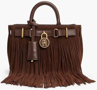 Tommy Hilfiger Womens Fringed Suede & Leather Micro Tote Bag - Fondant Brown