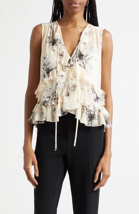 Cinq &agrave; Sept Floral Ariette Tiered Ruffle Trim Top in Gardenia/black at Nordstrom, Size Xx-Small