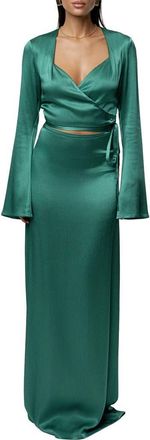 JLUXLABEL Golden Eve Satin Long Sleeve Top & Maxi Skirt Set in Green at Nordstrom, Size X-Small
