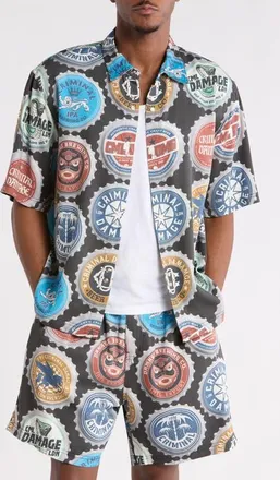 Criminal Damage Bottle Cap Button Front Shirt in Black Multi at Nordstrom, Size Xx-Large