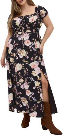 City Chic Abbigail Print Puff Sleeve Maxi Dress in Black Flirty Floral at Nordstrom, Size Xxxs
