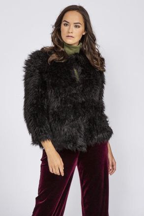 JayLey Womens Hand Knitted Faux Fur Jacket - Black - One Size