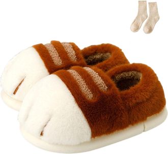 Generic Cat Paw Slippers, 3D Cute Cartoon Cat Paw Slippers for Women, Winter Cozy Warm Furry Home Slides (Brown- A, Adult, Women, 9.5, Numeric Range, UK Footw