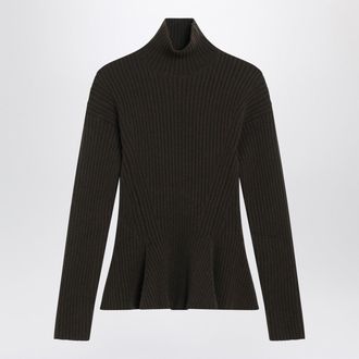 Max Mara Moss Green Peplum Turtleneck In Cashmere Blend