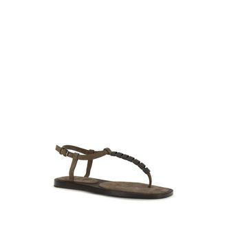 Brunello Cucinelli Womens Brown Calf Leather Bos Taurus Flat Sandals