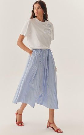 Exquise Crew Neck Short Sleeve Embroidered Midi Dress in Blue-White at Nordstrom, Size Large