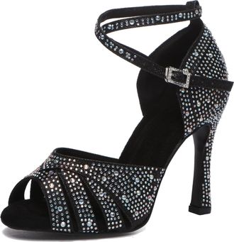 Minitoo Womens Latin Salsa Ballroom Dance Shoes with Rhinestones Wedding Evening Sandals L549 Black 10cm Heel UK 5.5