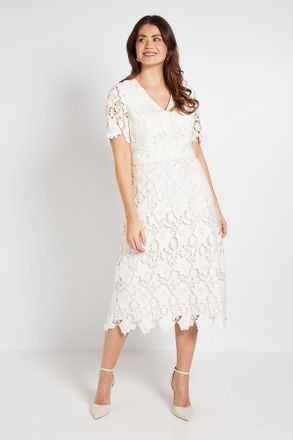 Wallis Womens Lace Waist Detail Midi Dress - White - Size 14 UK
