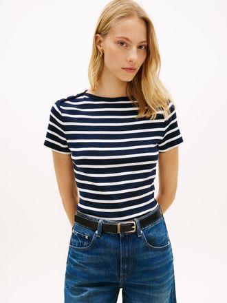 Tommy Hilfiger Kurzarmshirt TOMMY HILFIGER GOLD BUTTON SLIM SS TEE, Damen, Gr. L (42/44), breton stripe schwarz night, ecru, Single Jersey, Obermaterial: 100% Baumwo