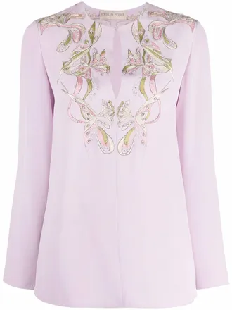Pucci Farfalle-embroidered long-sleeve top - women - Silk - 42 - Neutrals