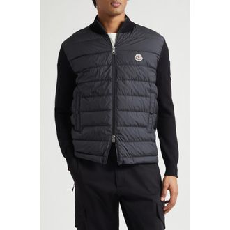 Moncler Padded Mixed Media Zip Cardigan in Black at Nordstrom, Size Xxx-Large