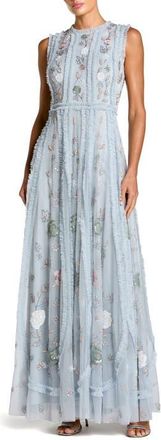 Mac Duggal Floral Mesh Sleeveless A Line Micro Ruffle Gown in Powder Blue at Nordstrom, Size 16