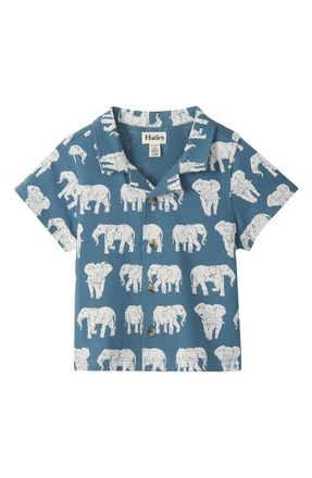Hatley Kids Elephant Print Knit Cotton Camp Shirt in Bluestone at Nordstrom, Size 18-24M
