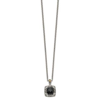 Diamond2Deal Sterling Silver with 14K Accent Checkerboard-cut Black Onyx Pendant Necklace