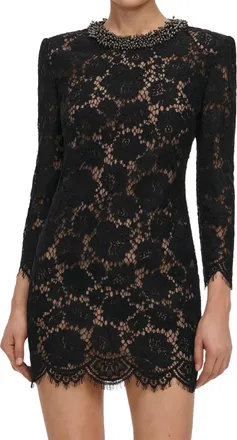 Self Portrait Black Lace Mini Dress with Floral Overlay and Decorative Embellishments