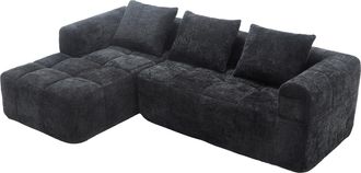 STILVORA Sof&aacute; Modular 3 Plazas En Chenilla Con M&eacute;ridienne, 2 Bolsillos Laterales Y 3 Cojines, Negro