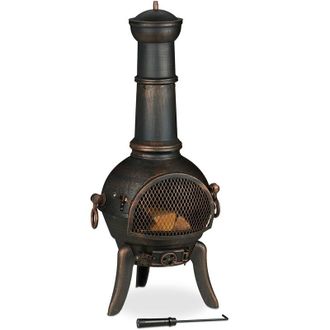 Relaxdays Relaxdays - Chimenea Exterior Grande, Salvachispas, Atizador, Rejilla Le&ntilde;a, Tiro Con Tapa, Hierro Fundido, Acero, Bronce