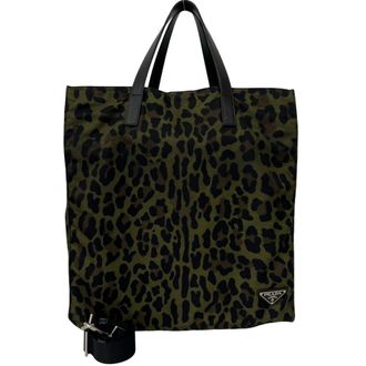 Prada Black Green Nylon Leather Shoulder Bag Tote Bag (Pre-Owned)