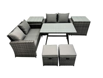 Fimous 6 Seater Outdoor Table Double Seat Sofa 2 Small Stool 2 Side Table Set in Dark Grey