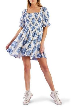 Flying Tomato Medallion Print Fit & Flare Dress in Off White/Blue at Nordstrom Rack, Size Large