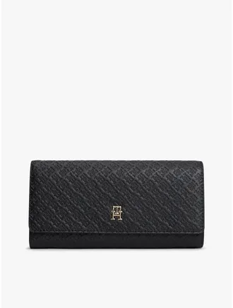 Tommy Hilfiger Womens Allover Monogram Large Flap Wallet - Black