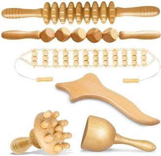 OEM Kit De Terapia De Madera De 6 Piezas, Rodillos Ranurados De Madera Natural, Mango Ergon&oacute;mico, Masaje Anticelul&iacute;tico Y Drenaje Linf&aacute;tico