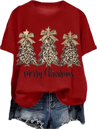 Generic Christmas T Shirt for Womens Funny Festive Printed Blouse Loose Fit Comfortable Xmas Pullover Ladies Short Sleeve Tshirts Christmas Crew Neck Casual S