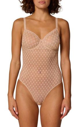 Simone P&eacute;r&egrave;le Plume Embroidered Underwire Shaping Bodysuit in Peau Rose at Nordstrom, Size 36E
