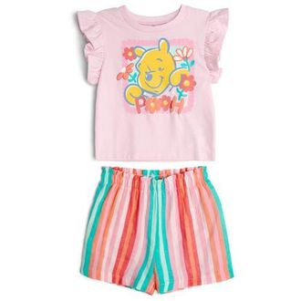 Disney Winnie the Pooh 2-Piece Short Sleeve Tee and Gauze Shorts Set in Pink Multi Pooh at Nordstrom, Size 18M