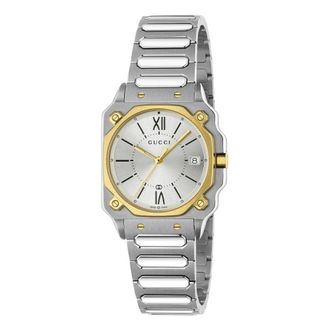 Gucci Ya 166506 - G-Flat 30mm roestvrijstalen kast met 18kt vergulde lunet en schroeven; Zilver gegalvaniseerde wijzerplaat met Romeinse indexen om 12 en 6 