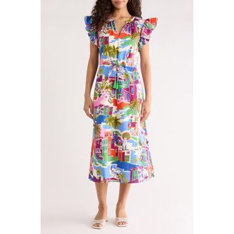 Sugarlips Rumi Town Tiarna Print Flutter Sleeve Tie Waist Midi Dress in Cream-Blue-Multi at Nordstrom, Size X-Large