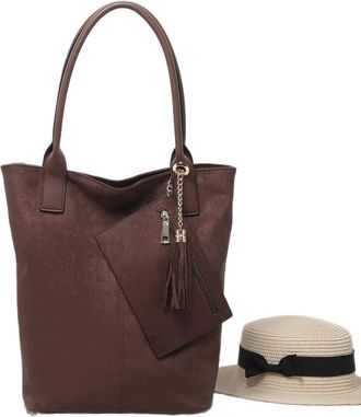 Generic Suede Tote Bag with Tassel, Shoulder Handbag with Pouch, Available in Black, Coffee, Camel, Dark Green (Coffee)