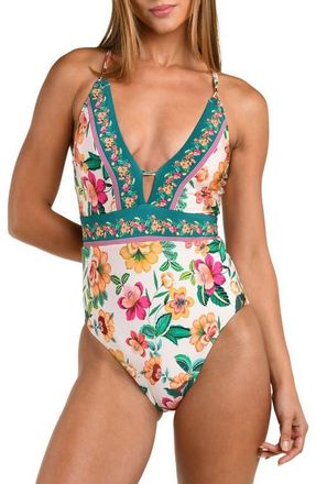 Sunshine 79 Zen Garden Plunge One-Piece Swimsuit in Blue/Green Multi at Nordstrom, Size 14