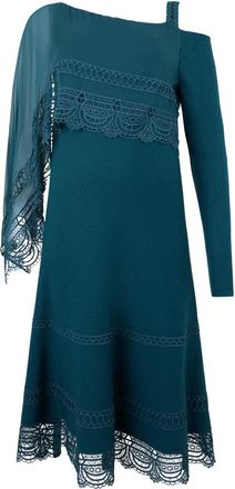Alberta Ferretti Knie-lange petrolblauwe jurk met asymmetrische halslijn en kant - Dames - Casual kleedjes - Blauw - S - Wol - Kleedjes
