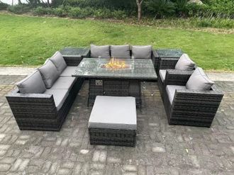 Fimous Outdoor Gas Fire Pit Dining Table Sets Heater Lounge Chairs Side Tables 9 Seater in Dark Grey