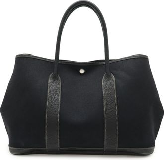 Herm&egrave;s Black Toile Officier Leather Handbag Tote Bag (Pre-Owned)