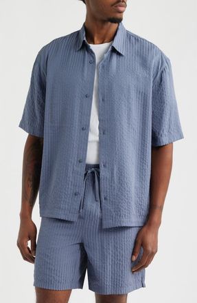 Open Edit Stripe Short Sleeve Seersucker Button-Up Shirt in Grey Folkstone at Nordstrom, Size Xx-Large