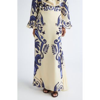 Johanna Ortiz Everywhere Floral Paisley Silk Cr&ecirc;pe de Chine Maxi Skirt in Ecru /Navy at Nordstrom, Size 0